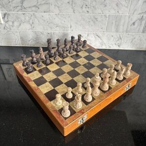 Vintage Hand Carved Soap Stone and Wood Chess Set with 32 Pieces (as is)